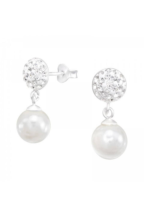 Sterling Silver Crystal Ear Studs With Hanging Pearl - SS