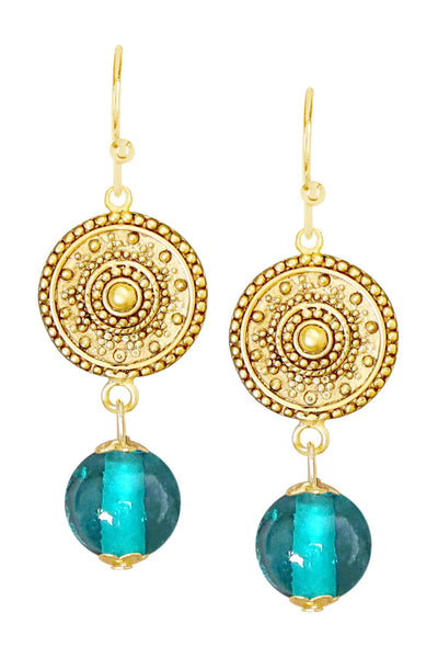 Teal Murano Glass & Mandala Disc Drop Earrings - GF