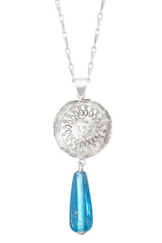 Blue Murano Glass & Floral Hammered Disc Necklace - SF