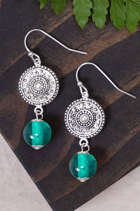 Teal Murano Glass & Mandala Disc Drop Earrings - SF