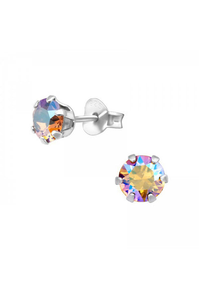 Sterling Silver Round Ear Studs With Genuine Crystals - SS