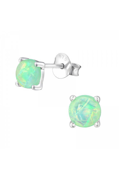 Sterling Silver Round Ear Studs With Synthetic Opal - SS