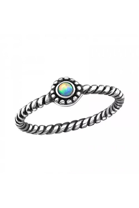 Sterling Silver Rope Band Ring With Fire Snow Opal - SS