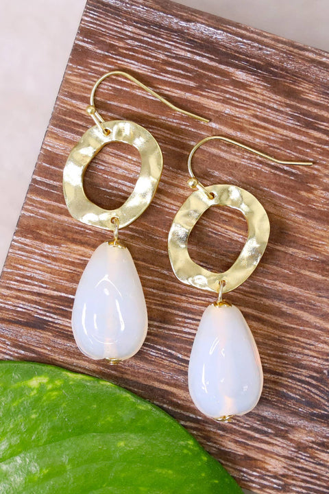 White Murano Glass & Hammered Hoop Drop Earrings - GF