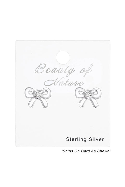Sterling Silver Birthstone Bow Ear Studs With CZ - SS