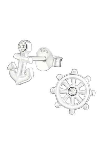 Sterling Silver Anchor & Ship's Wheel Ear Studs - SS