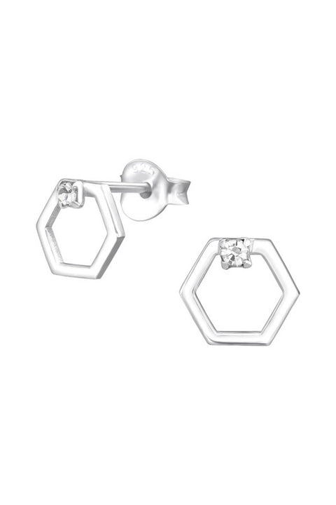 Sterling Silver Hexagon Ear Studs With Crystal - SS