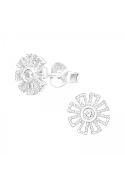 Sterling Silver Flower Ear Studs With Cubic Zirconia - SS