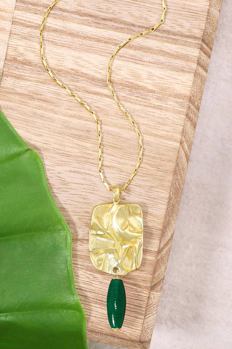 Green Murano Glass & Wave Textured Pendant Necklace - GF