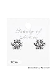 Sterling Silver & Gray Crystal Paw Print Stud Earrings - SS