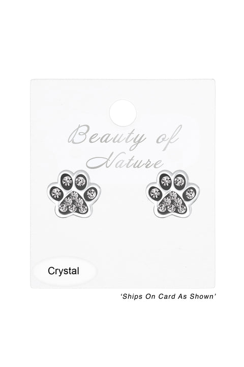 Sterling Silver & Gray Crystal Paw Print Stud Earrings - SS