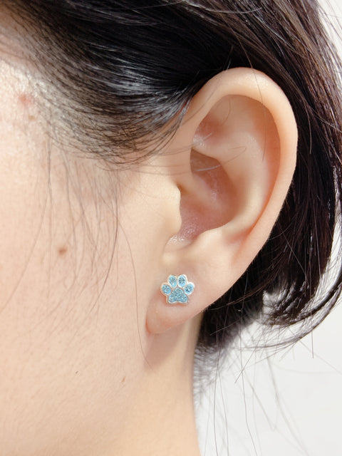 Sterling Silver & Blue Crystal Paw Print Stud Earrings - SS