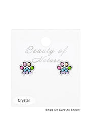 Sterling Silver & Mixed Crystal Paw Print Stud Earrings - SS