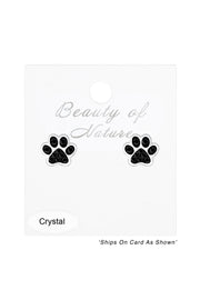 Sterling Silver & Black Crystal Paw Print Stud Earrings - SS