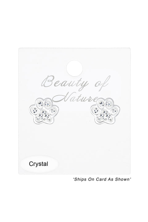 Sterling Silver & Clean Crystal Paw Print Stud Earrings - SS