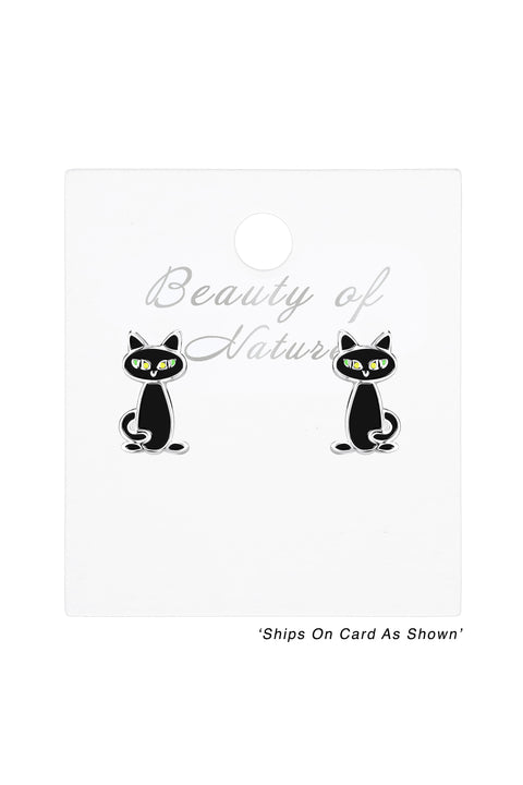 Sterling Silver Black Cat Post Earrings - SS