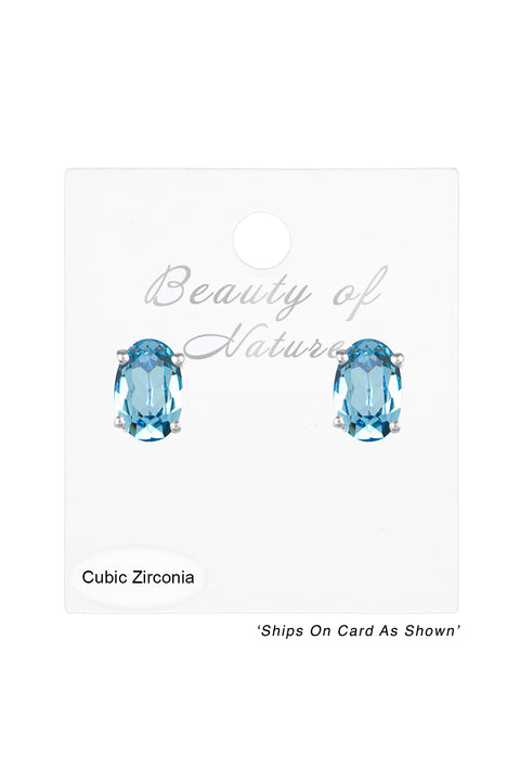 Sterling Silver & Aquamarine CZ Post Earrings - SS