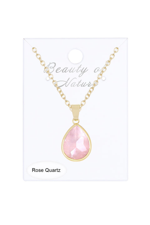 Rose Quartz Teardrop Pendant Necklace - GF