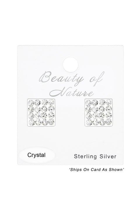 Sterling Silver Square Ear Studs With Crystal - SS