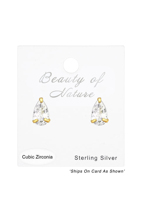 Sterling Silver Tear Drop Basic Ear Studs With CZ - VM