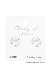 Sterling Silver Round Ear Studs With Pearl and Crystal - SS