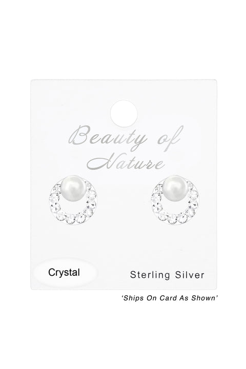 Sterling Silver Round Ear Studs With Pearl and Crystal - SS