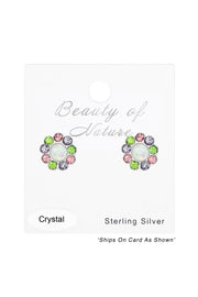 Sterling Silver Flower Ear Studs With Crystal and Opal - SS