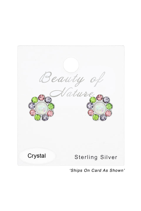 Sterling Silver Flower Ear Studs With Crystal and Opal - SS