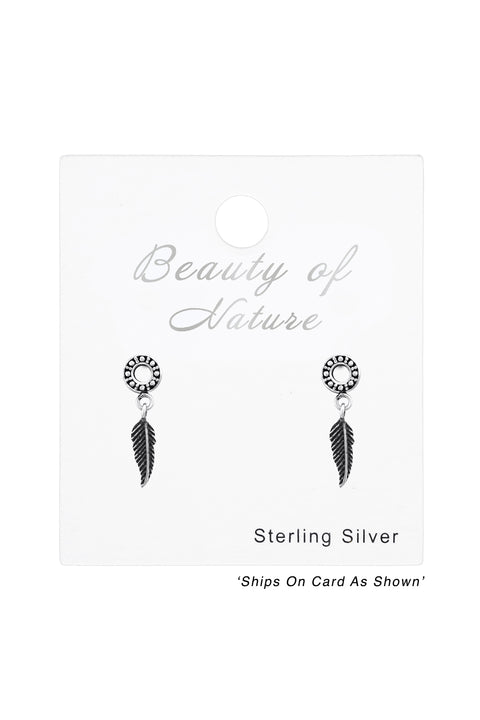 Sterling Silver Circle Ear Studs With Hanging Feather - SS
