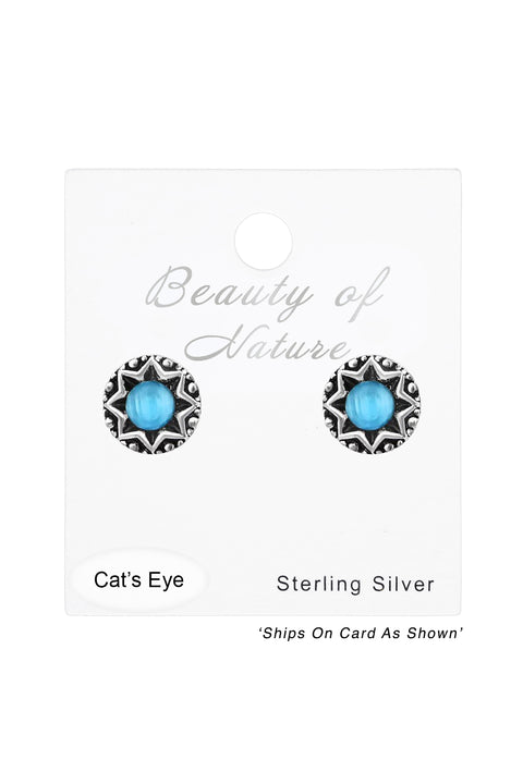 Sterling Silver Star Ear Studs With Cat Eye - SS