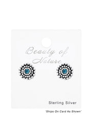 Sterling Silver Round Ear Studs With Crystal - SS