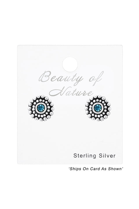 Sterling Silver Round Ear Studs With Crystal - SS