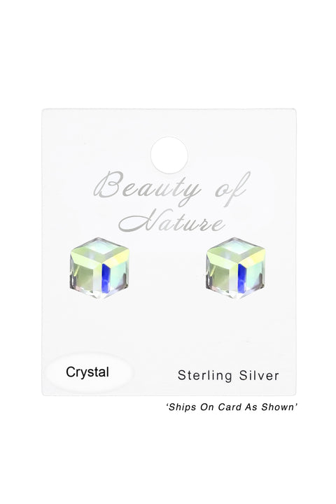 Sterling Silver Cube 4mm Ear Studs With Crystal - SS