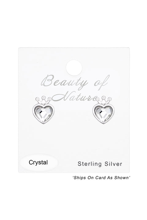 Sterling Silver Heart Crown Ear Studs With Crystal - SS