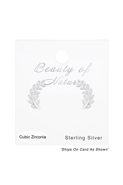 Sterling Silver Olive Leaf Ear Studs With CZ - SS