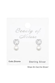 Sterling Silver Heart Ear Studs & CZ & Synthetic Pearl - SS