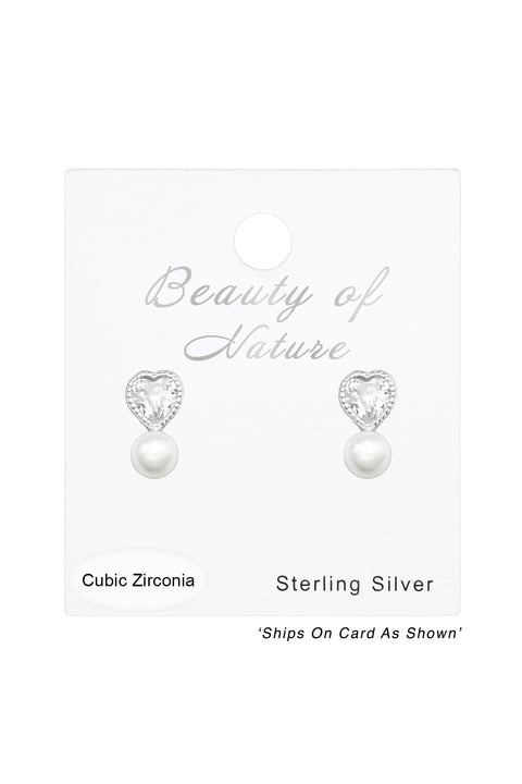 Sterling Silver Heart Ear Studs & CZ & Synthetic Pearl - SS