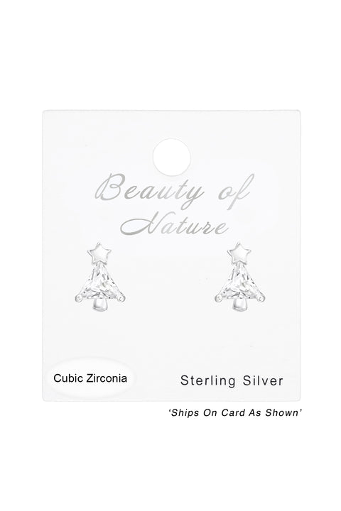 Sterling Silver Christmas Tree Ear Studs With CZ - SS