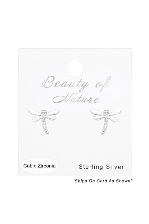 Sterling Silver Dragonfly Ear Studs With Cubic Zirconia - SS