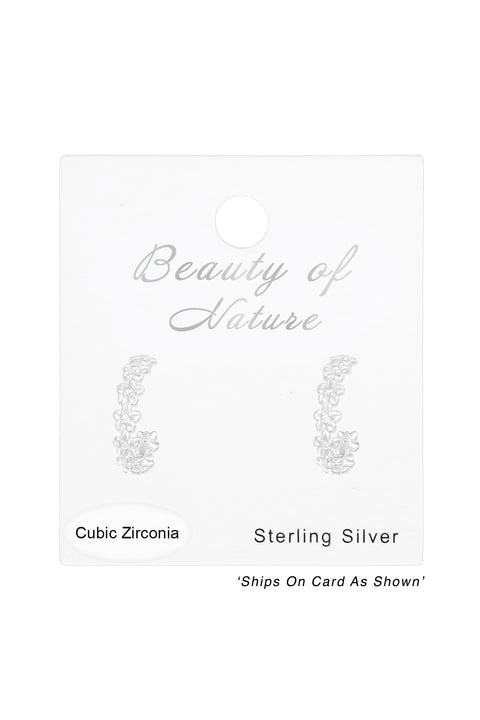 Sterling Silver Flower Half Hoop Ear Studs With CZ - SS