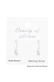 Sterling Silver Pin Half Hoop Ear Studs With CZ - SS