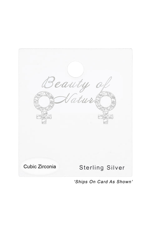 Sterling Silver Female Gender Sign Ear Studs With CZ - SS