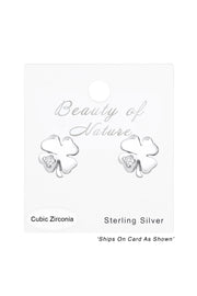 Sterling Silver Lucky Clover Ear Studs With CZ - SS