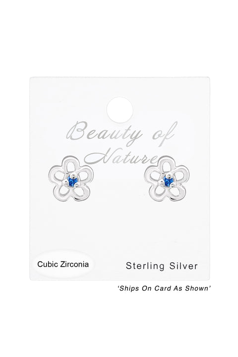 Sterling Silver Birthstone Flower Ear Studs With CZ - SS