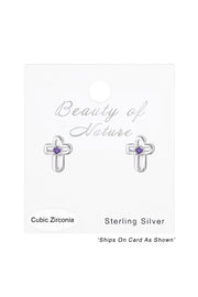 Sterling Silver Birthstone Cross Ear Studs With CZ - SS
