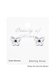Sterling Silver Birthstone Butterfly Ear Studs With CZ - SS