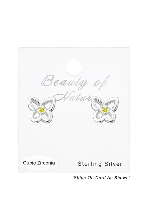 Sterling Silver Birthstone Butterfly Ear Studs With CZ - SS