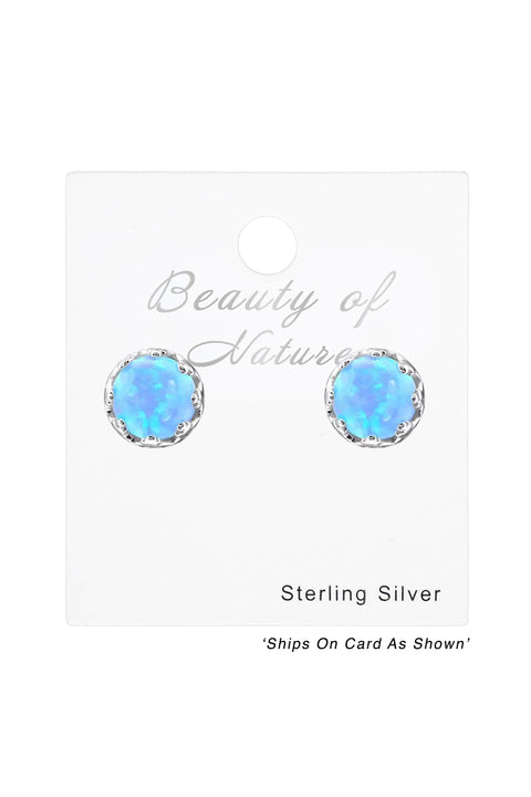 Sterling Silver Round Ear Studs With Synthetic Opal - SS