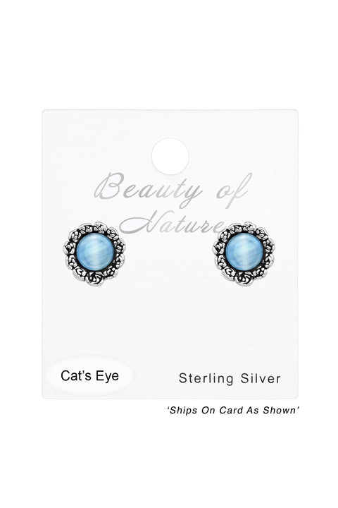 Sterling Silver Flower Ear Studs With Cat Eye - SS