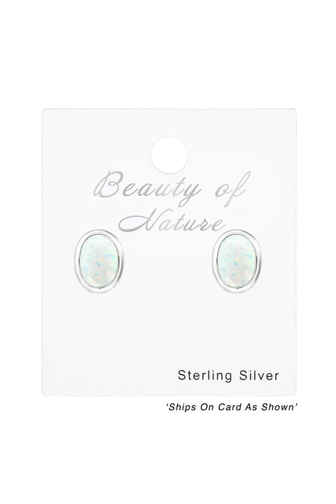 Sterling Silver Oval Ear Studs With Synthetic Opal - SS